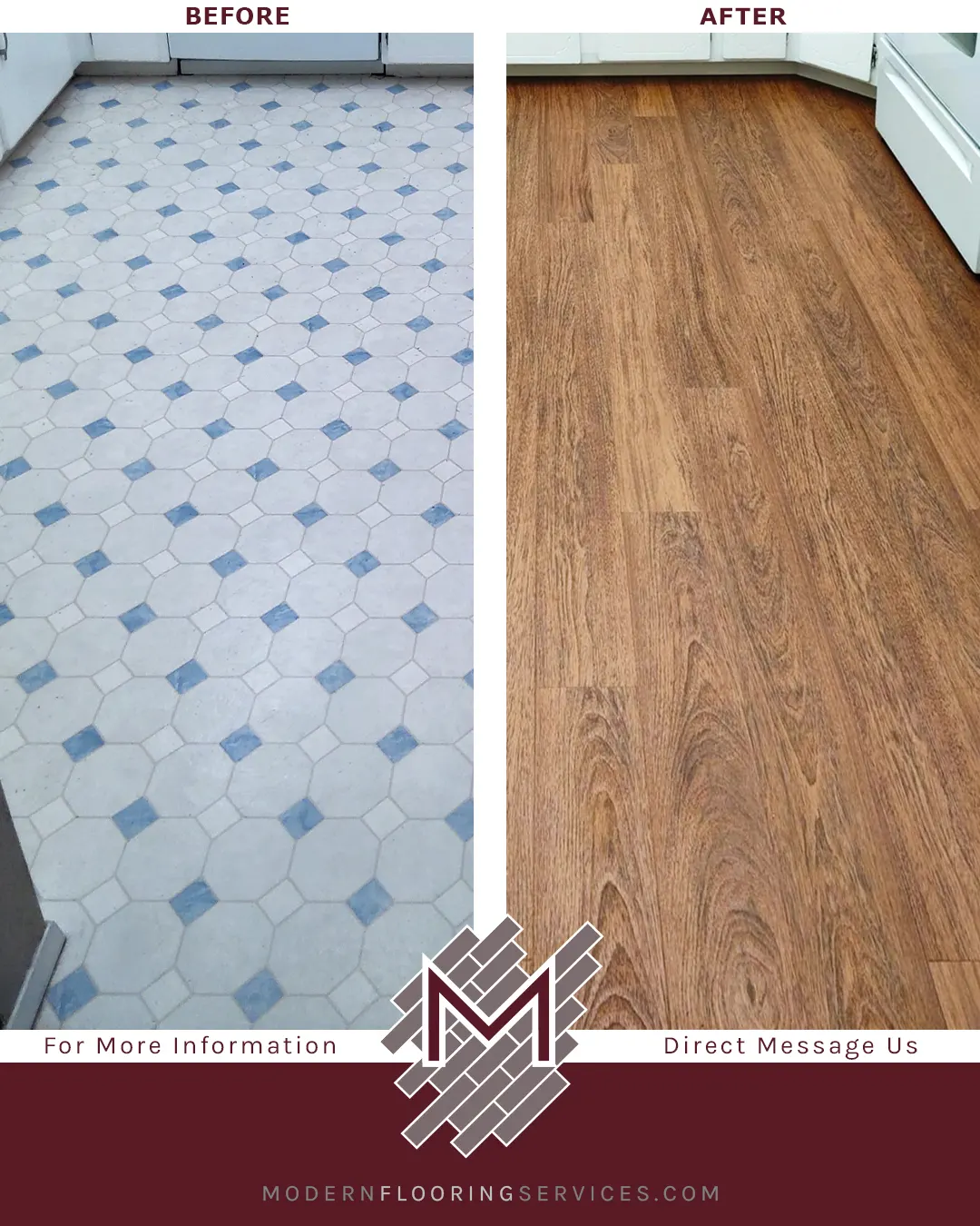 Before and After. Brazilian Cherry Waterproof Rigid Vinyl Plank Flooring Installation.