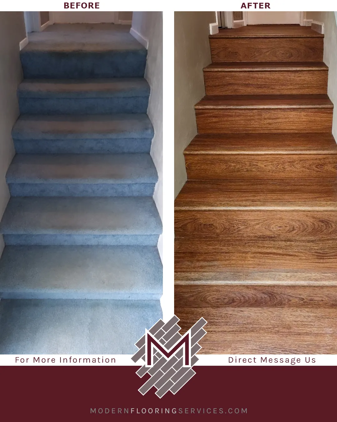 Before and After. Brazilian Cherry Waterproof Rigid Vinyl Plank Flooring Installation.