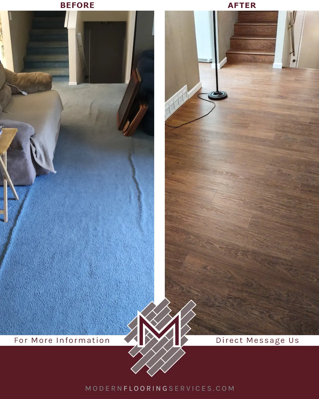 Before and After. Brazilian Cherry Waterproof Rigid Vinyl Plank Flooring Installation.