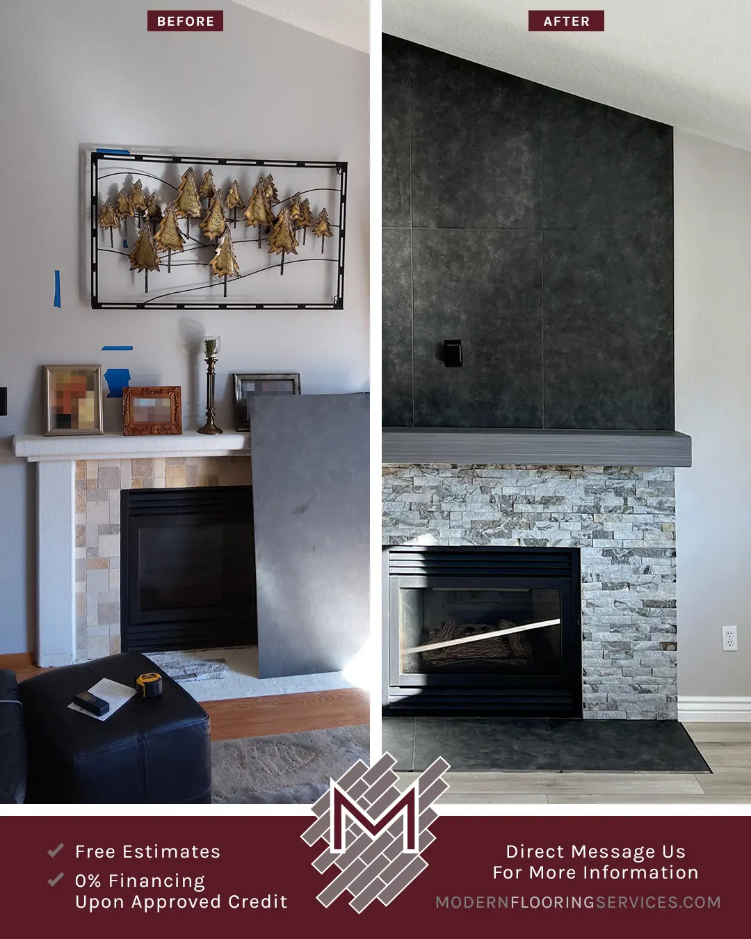 Before and After. Gorgeous Ledgerstone Fireplace and Wall Tile Installation.