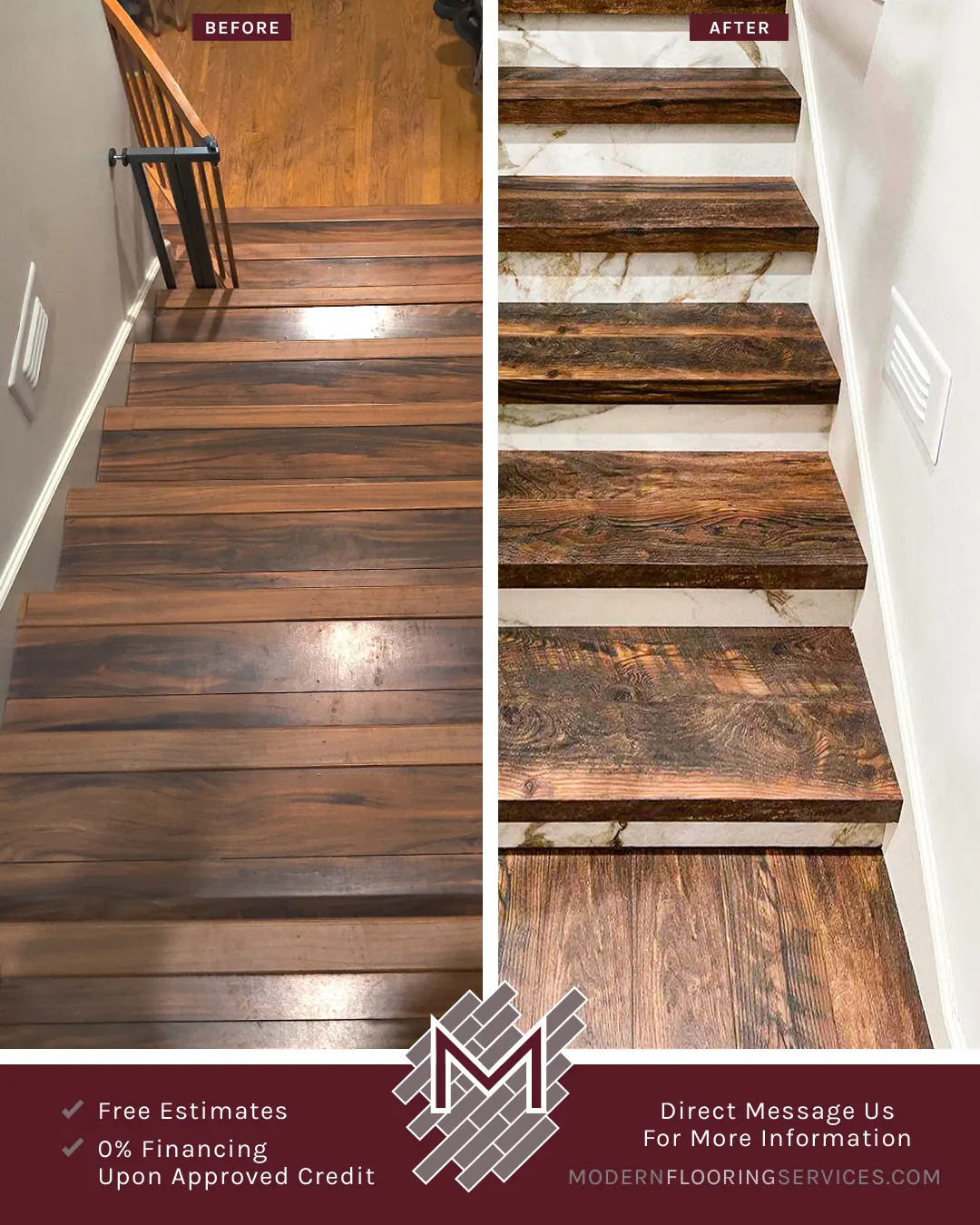 Before and After. Custom-Made Stair Noses and Tile Risers Flooring Installation.