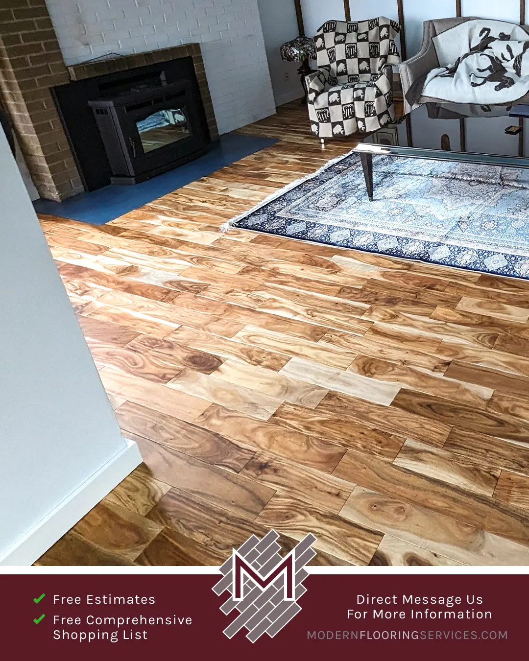 Hardwood Flooring and Fireplace Hearth Tile Installation By Modern Flooring Services.