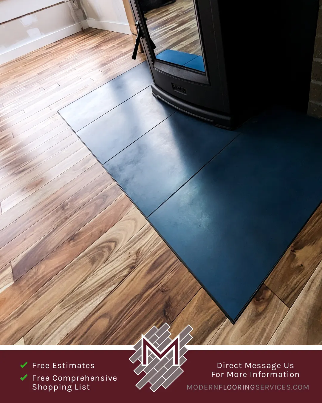 Hardwood Flooring and Fireplace Hearth Tile Installation By Modern Flooring Services.