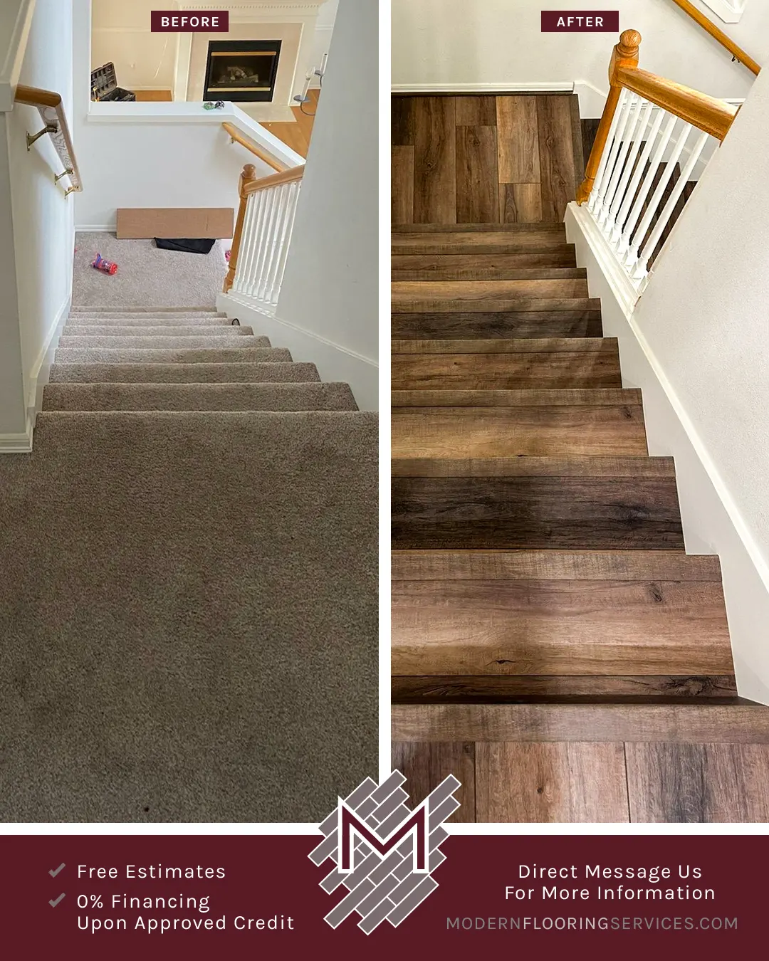 Before and After. Modern Click Vinyl Plank Stairs Flooring Installation.