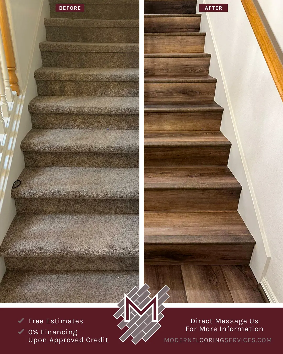Before and After. Modern Click Vinyl Plank Stairs Flooring Installation.