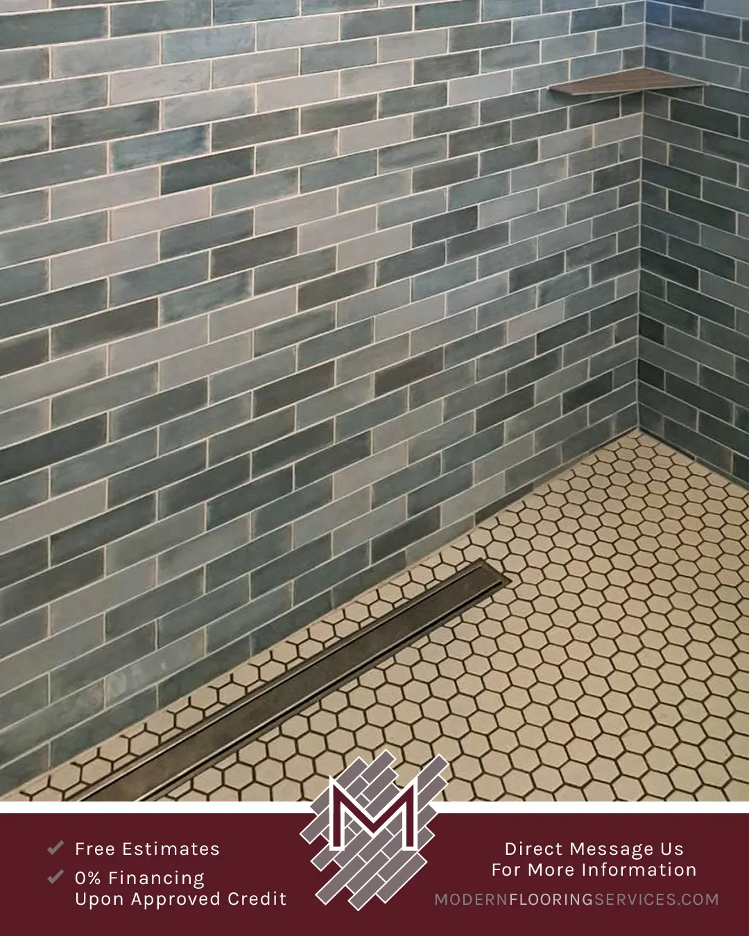 Modern Walk-In Shower Wall and Floor Tile Installation.