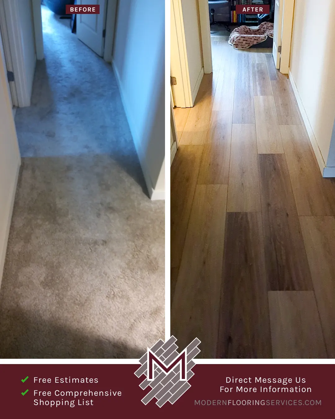 Before and After. Vinyl Flooring Installation By Modern Flooring Services.
