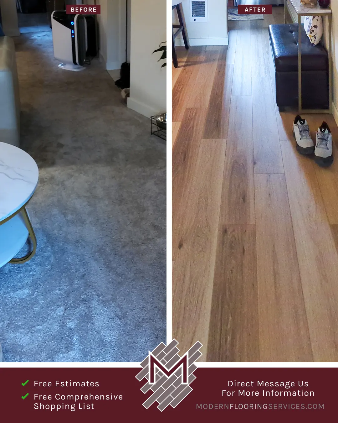 Before and After. Vinyl Flooring Installation By Modern Flooring Services.