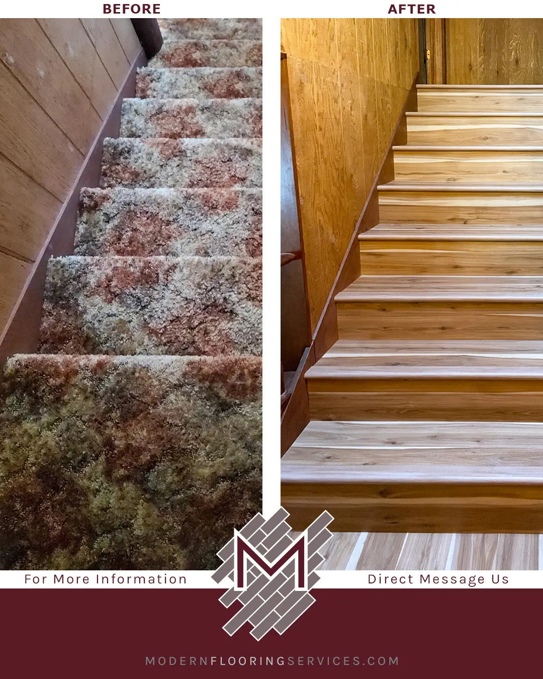 Before and After. Rocky Hill Hickory Waterproof Rigid Vinyl Plank Flooring Installation