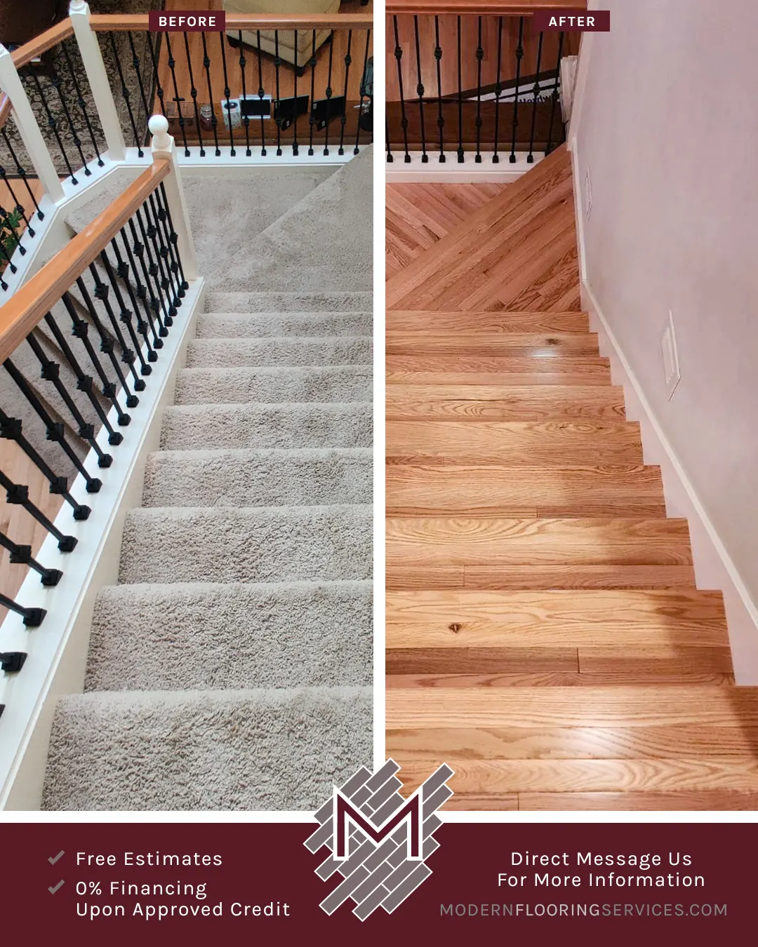 Before and After. Builder's Pride Red Oak Solid Hardwood Stairs Flooring Installation.