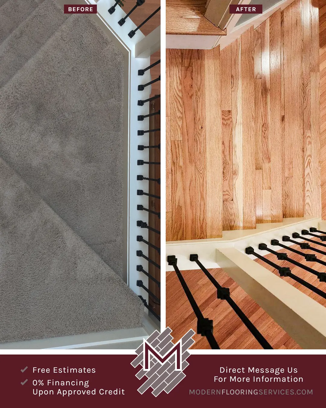 Before and After. Builder's Pride Red Oak Solid Hardwood Stairs Flooring Installation.