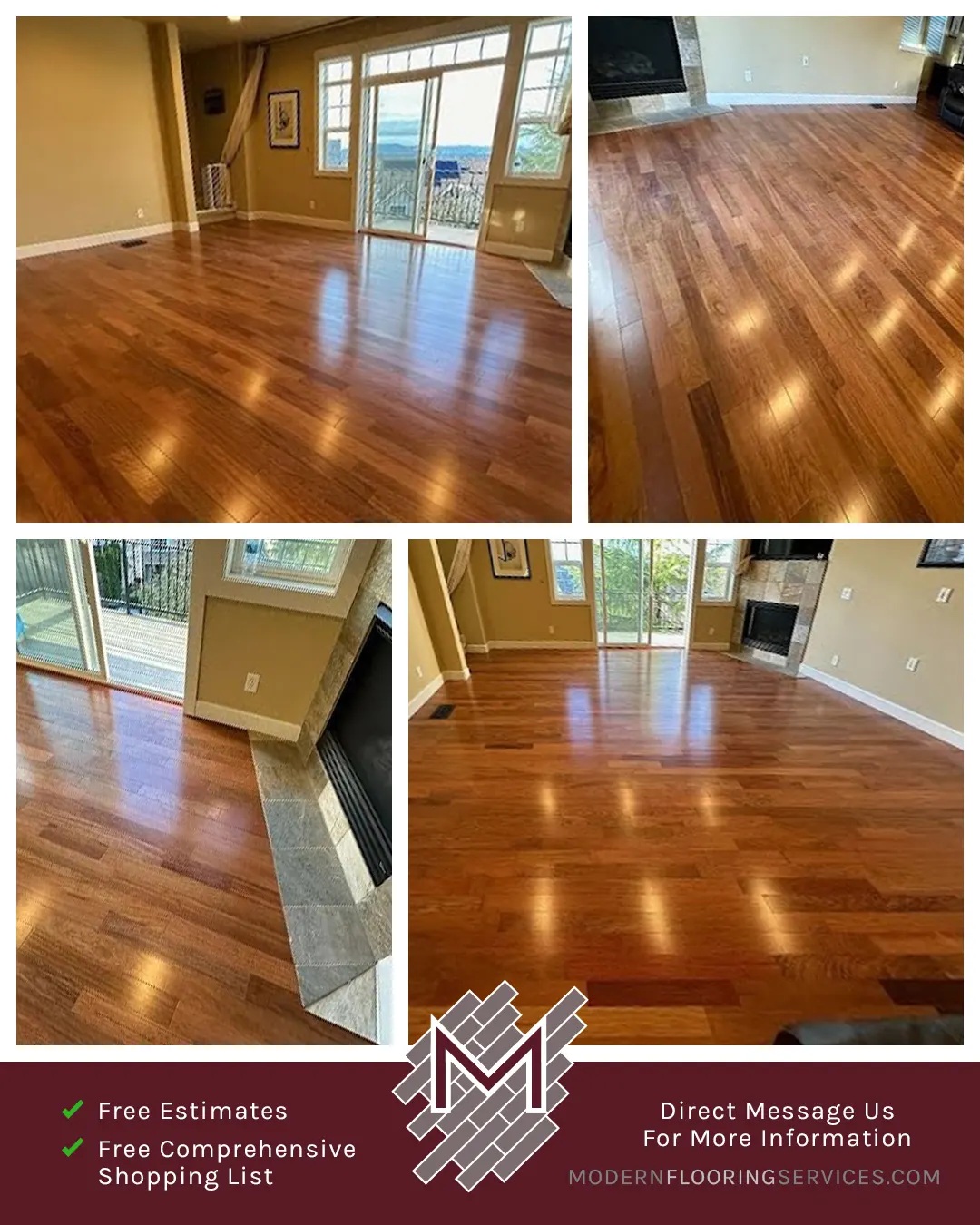 Collage of photos that show hardwood flooring installation that was done by Modern Flooring Services.