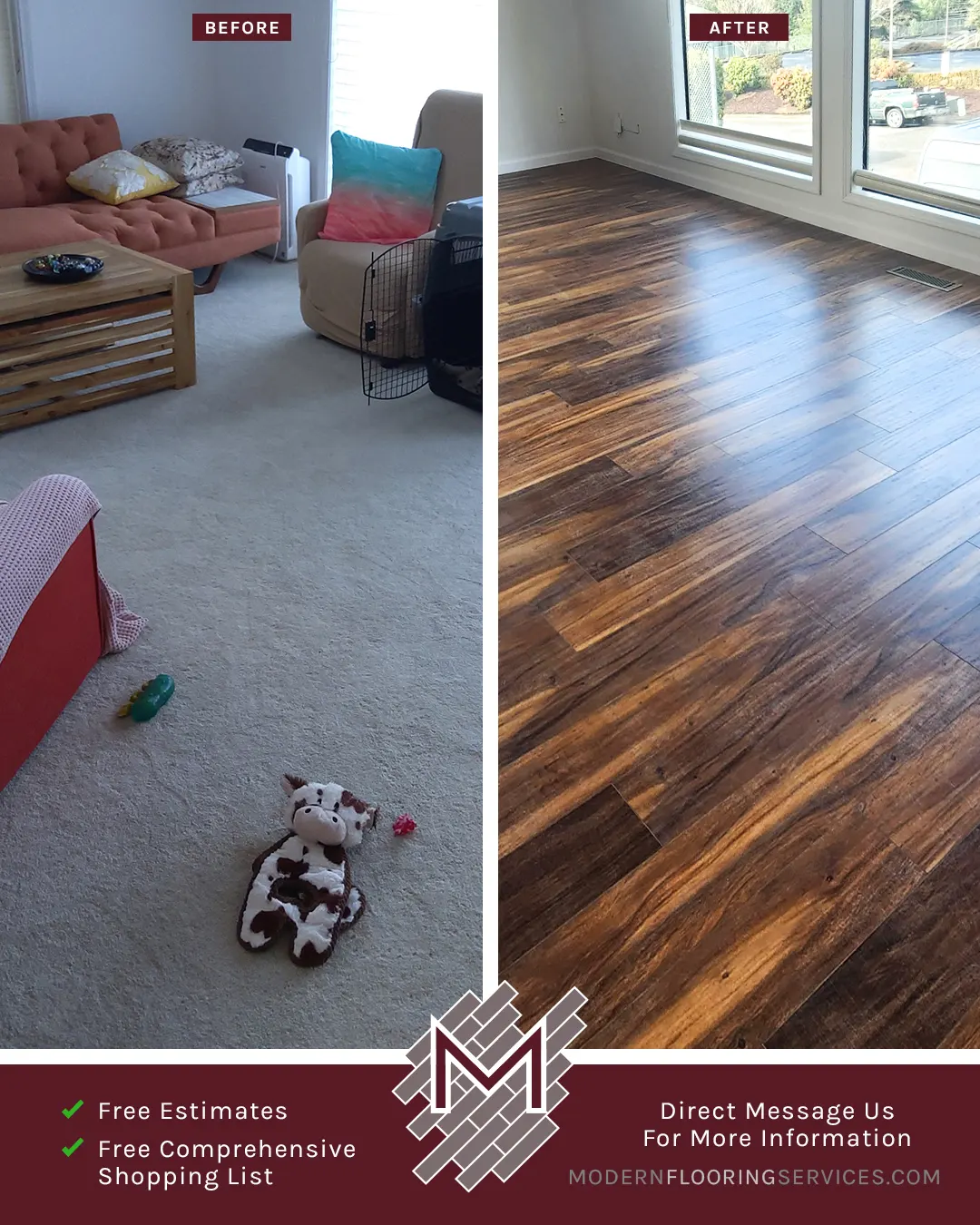 Before and After. Vinyl Flooring Installation By Modern Flooring Services.