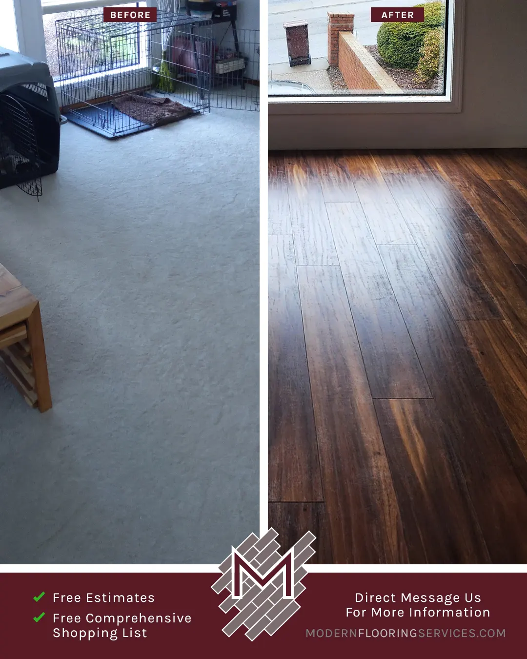 Before and After. Vinyl Flooring Installation By Modern Flooring Services.
