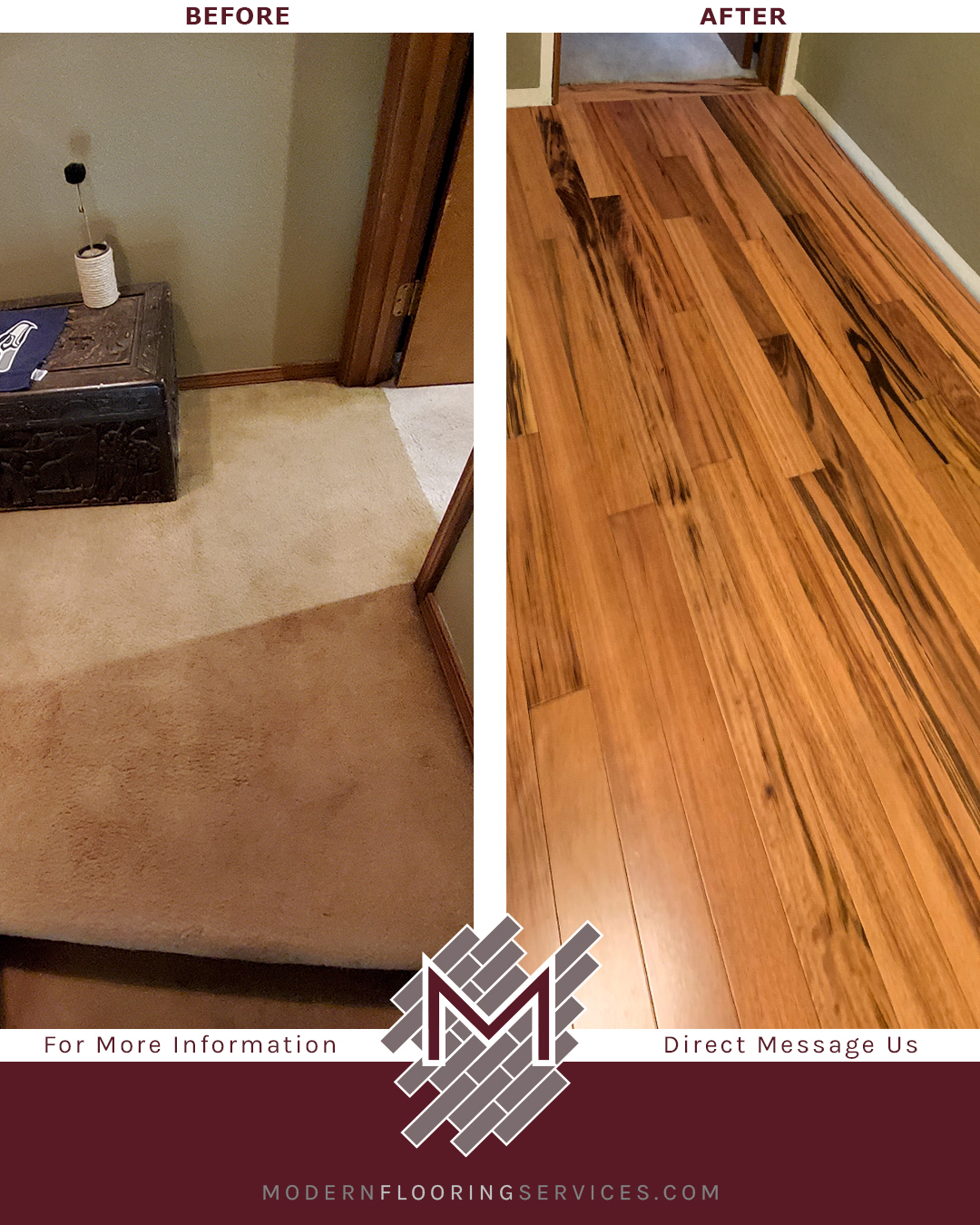 Before and After. Carpet Removed and New Brazilian Koa Solid Hardwood Flooring Installed.