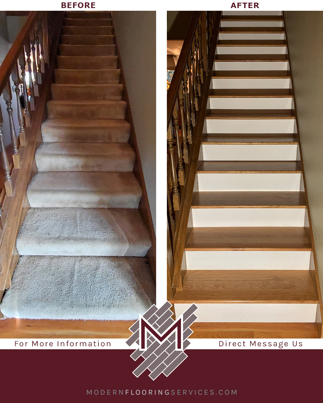 Before and After. Carpet Removed and Full Treads and Risers Stairs Installation.