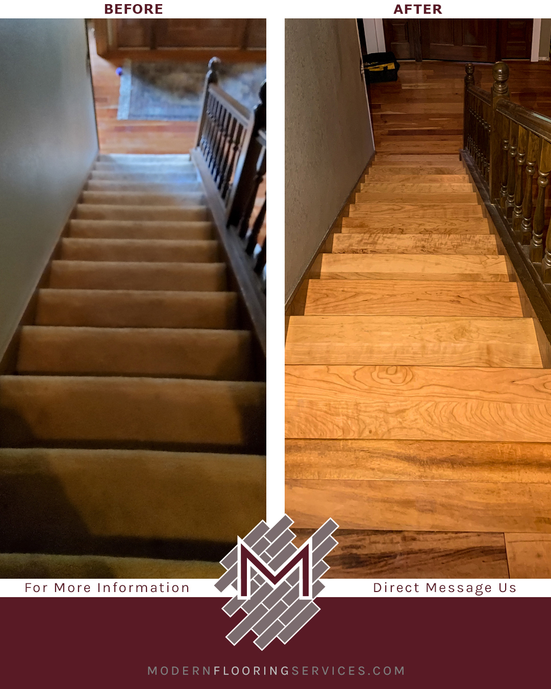 Before and After. Carpet Removed and Full Treads and Risers Stairs Installation.
