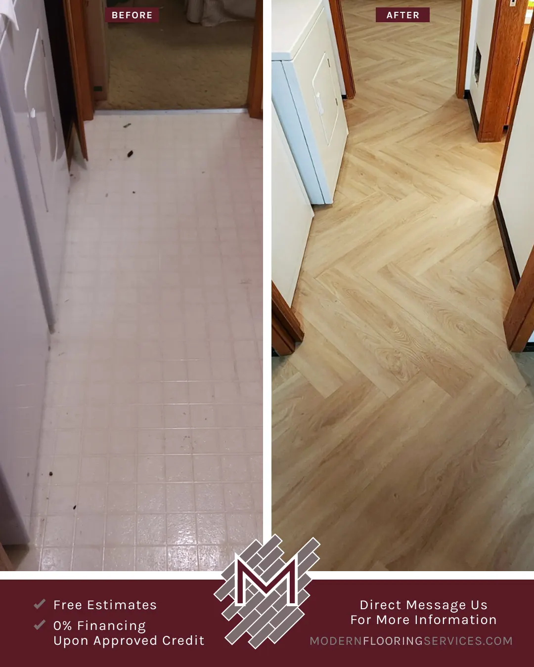 Before and After. Herringbone Pattern Vinyl Click Flooring Installation By Modern Flooring Services.