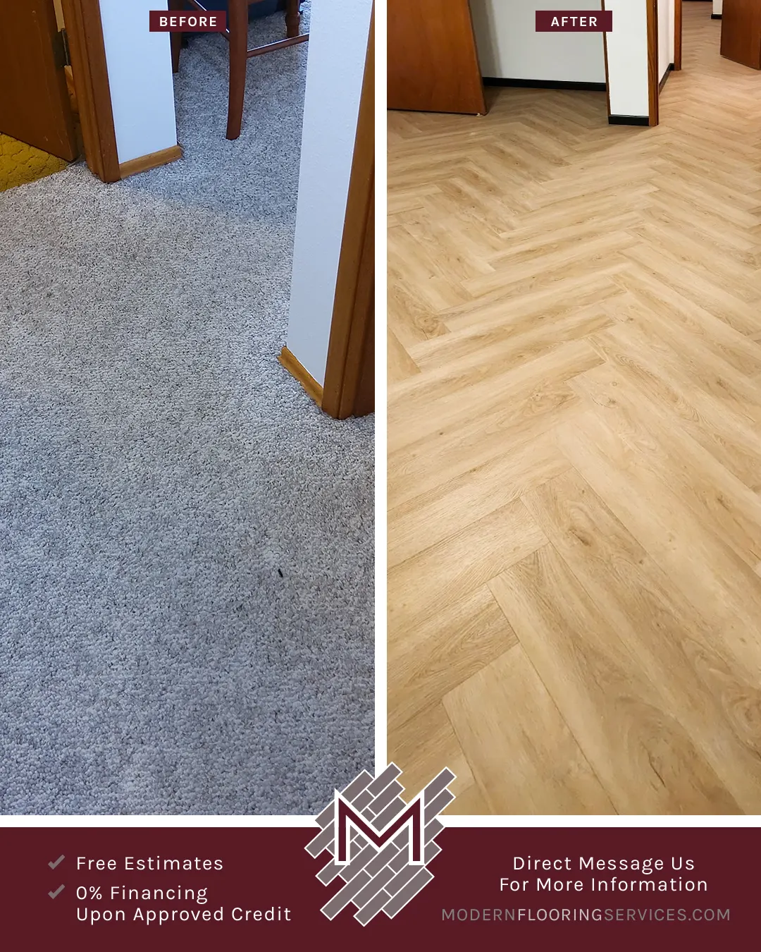 Before and After. Herringbone Pattern Vinyl Click Flooring Installation By Modern Flooring Services.