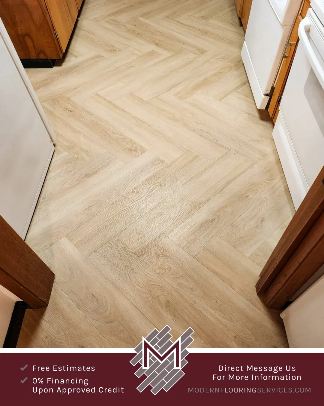 Herringbone Pattern Vinyl Click Flooring Installation By Modern Flooring Services.