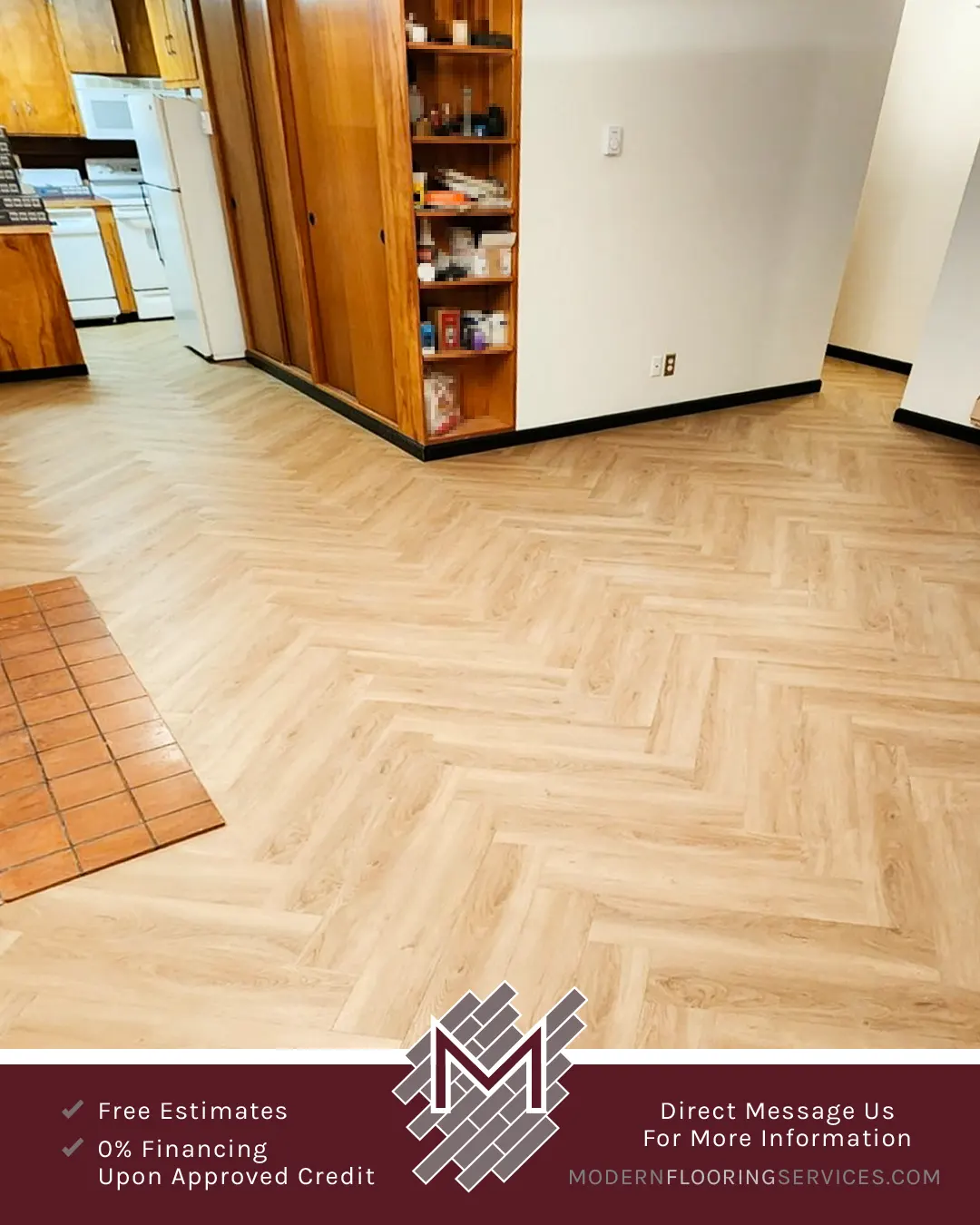 Herringbone Pattern Vinyl Click Flooring Installation By Modern Flooring Services.