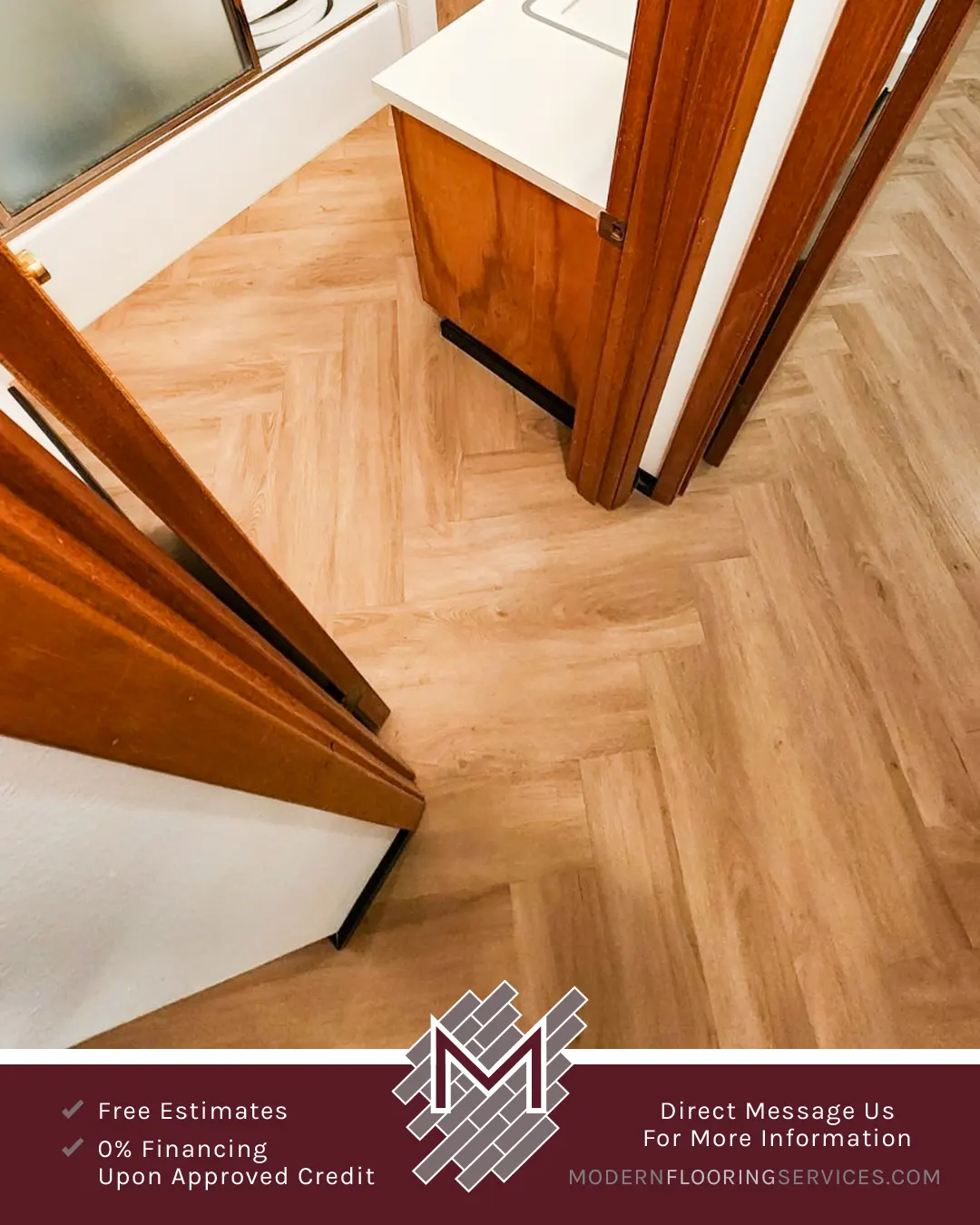 Herringbone Pattern Vinyl Click Flooring Installation By Modern Flooring Services.