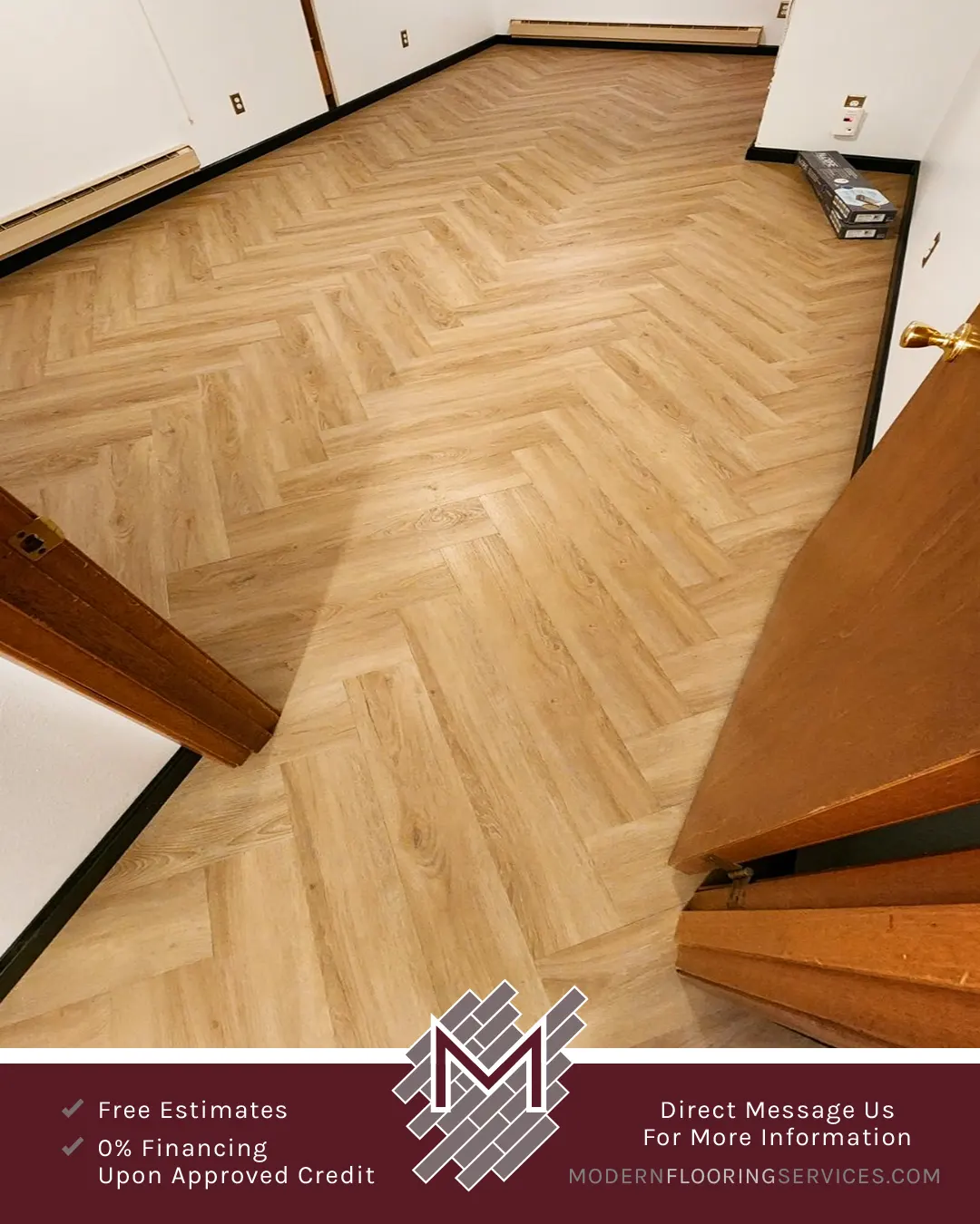 Herringbone Pattern Vinyl Click Flooring Installation By Modern Flooring Services.