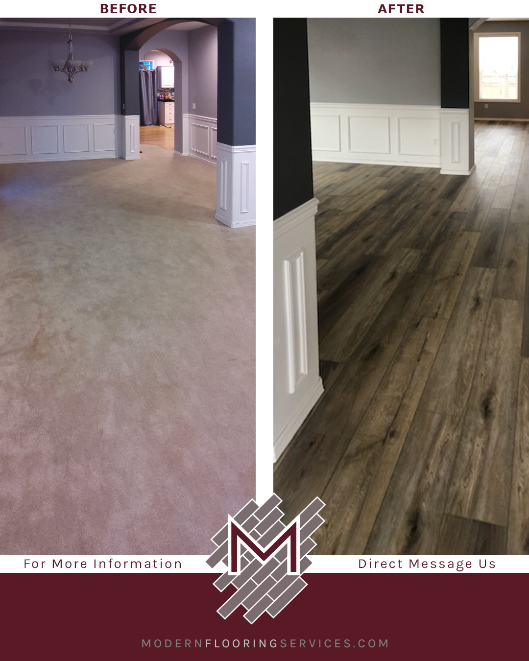 Before and After. Luxury Vinyl Plank Click Flooring Installation.