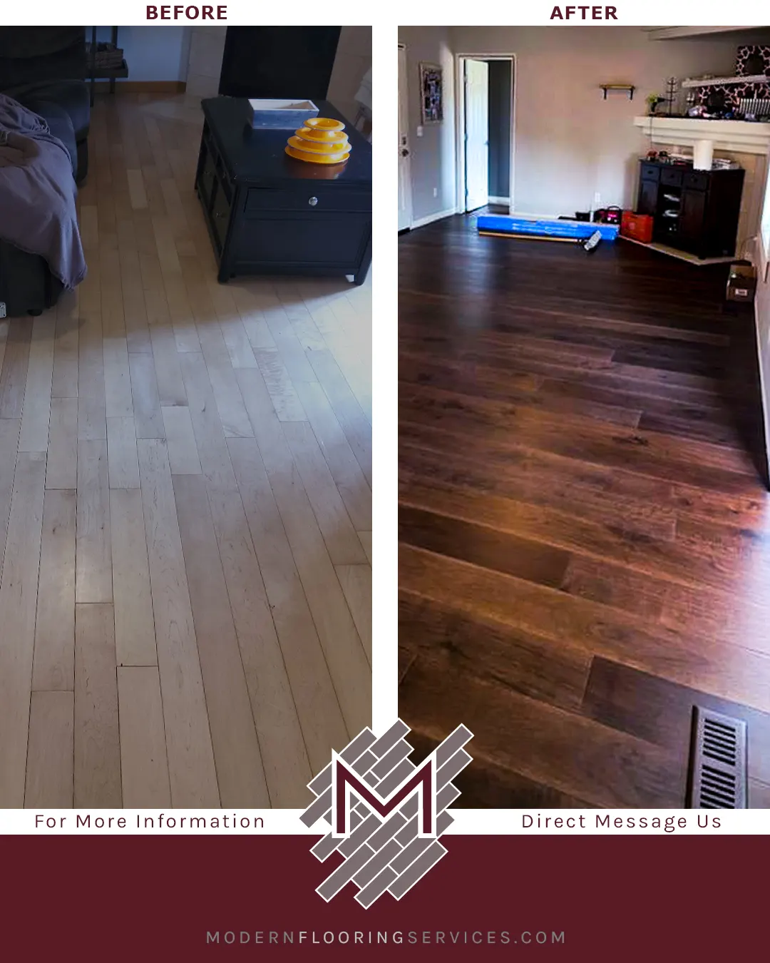 Before and After. AquaSeal Walnut Water-Resistant Engineered Hardwood Flooring Installation.