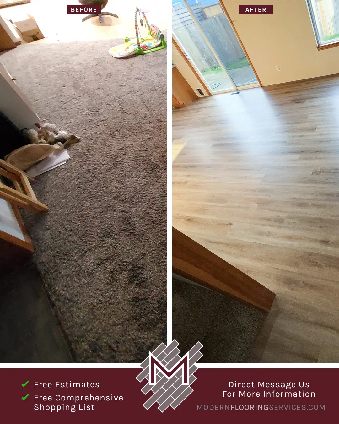 Before and After. Vinyl Flooring Installation By Modern Flooring Services.