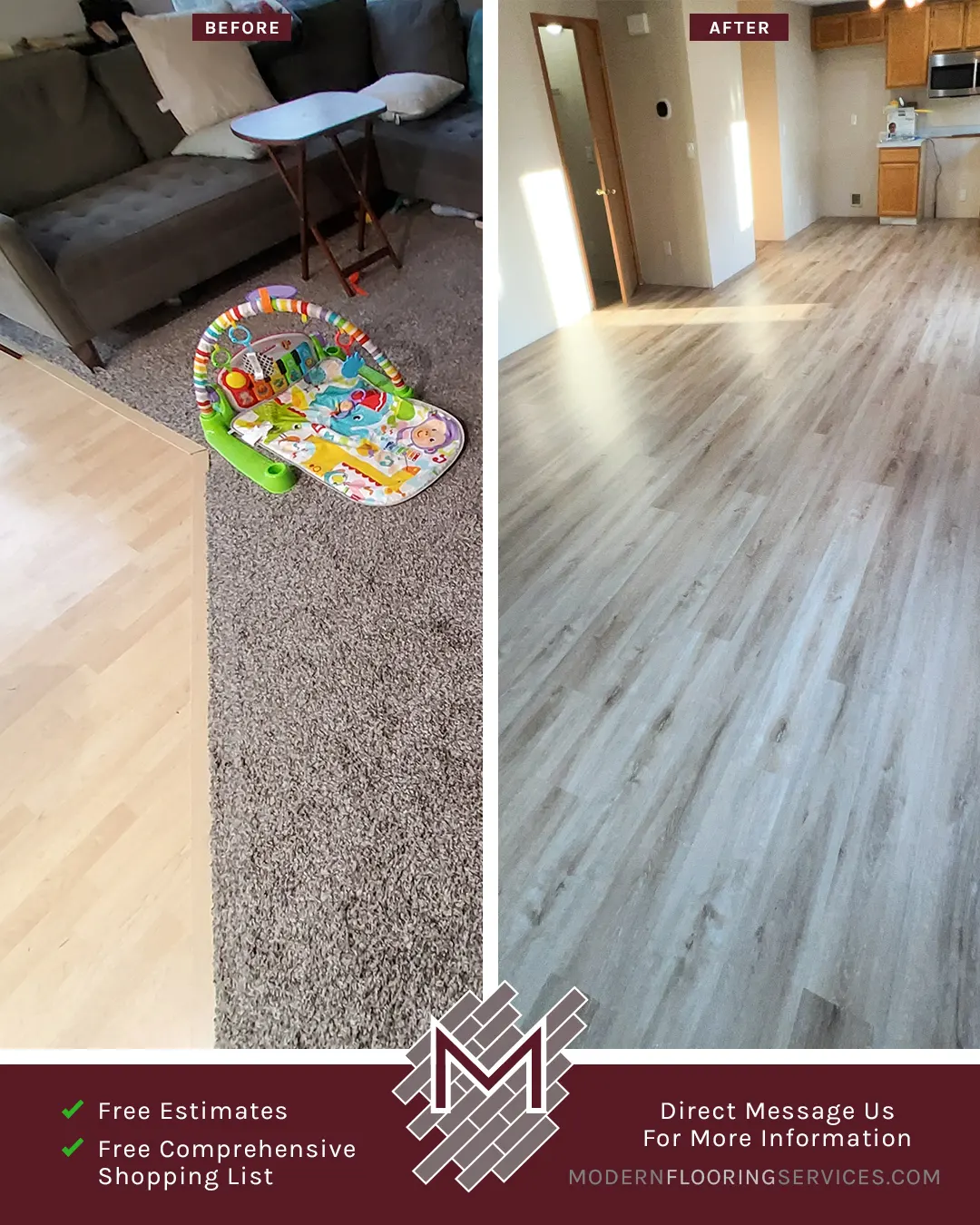 Before and After. Vinyl Flooring Installation By Modern Flooring Services.