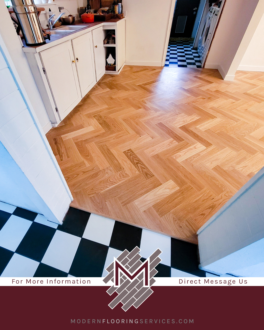 Herringbone Hardwood and Checkered Tile Flooring Installation.