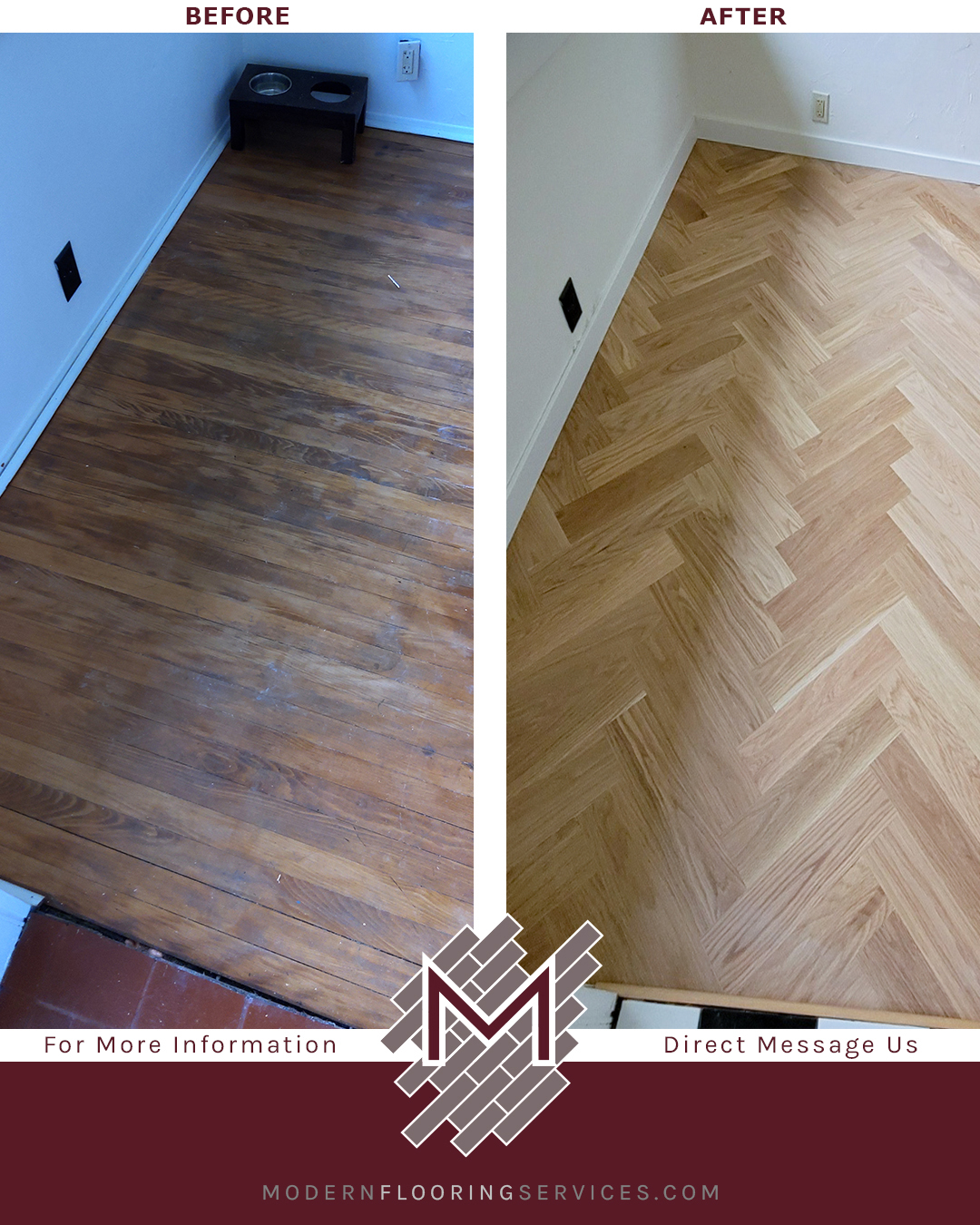 Before and After. Herringbone Hardwood Flooring Installation.