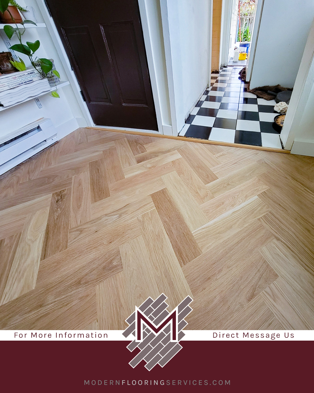 Herringbone Hardwood and Checkered Tile Flooring Installation.