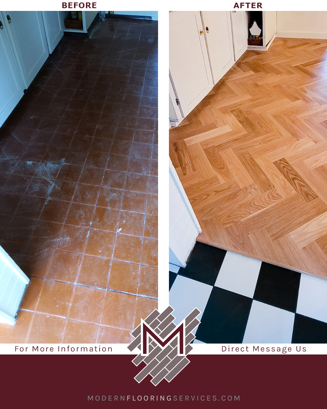 Before and After. Herringbone Hardwood Flooring Installation.
