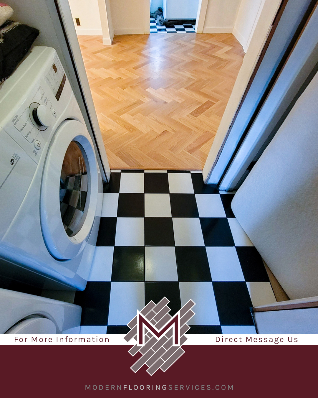 Herringbone Hardwood and Checkered Tile Flooring Installation.