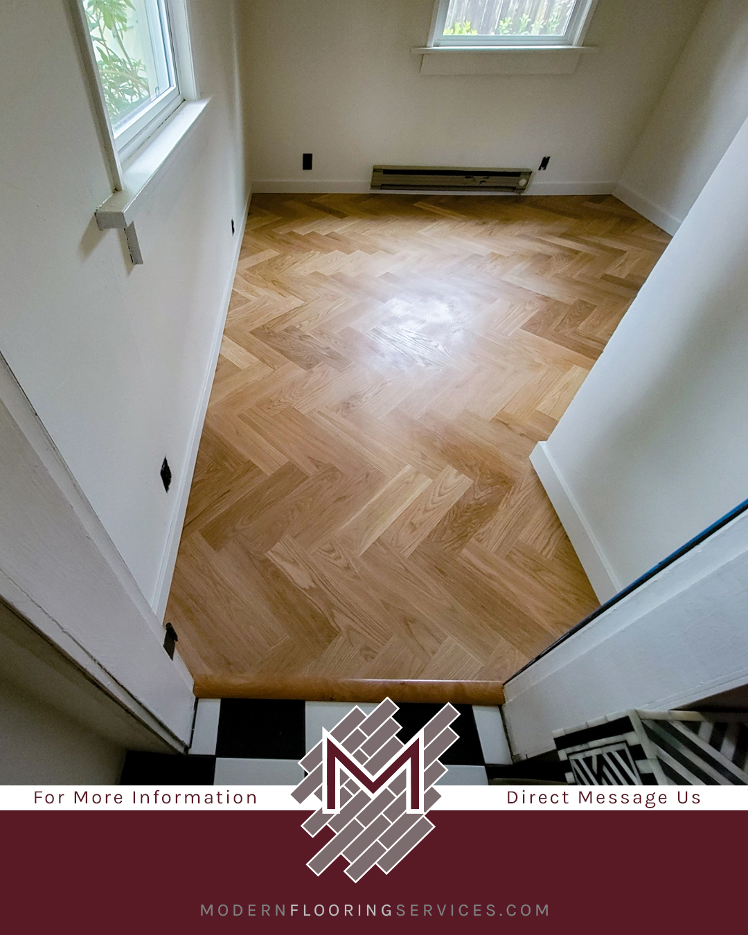 Herringbone Hardwood and Checkered Tile Flooring Installation.