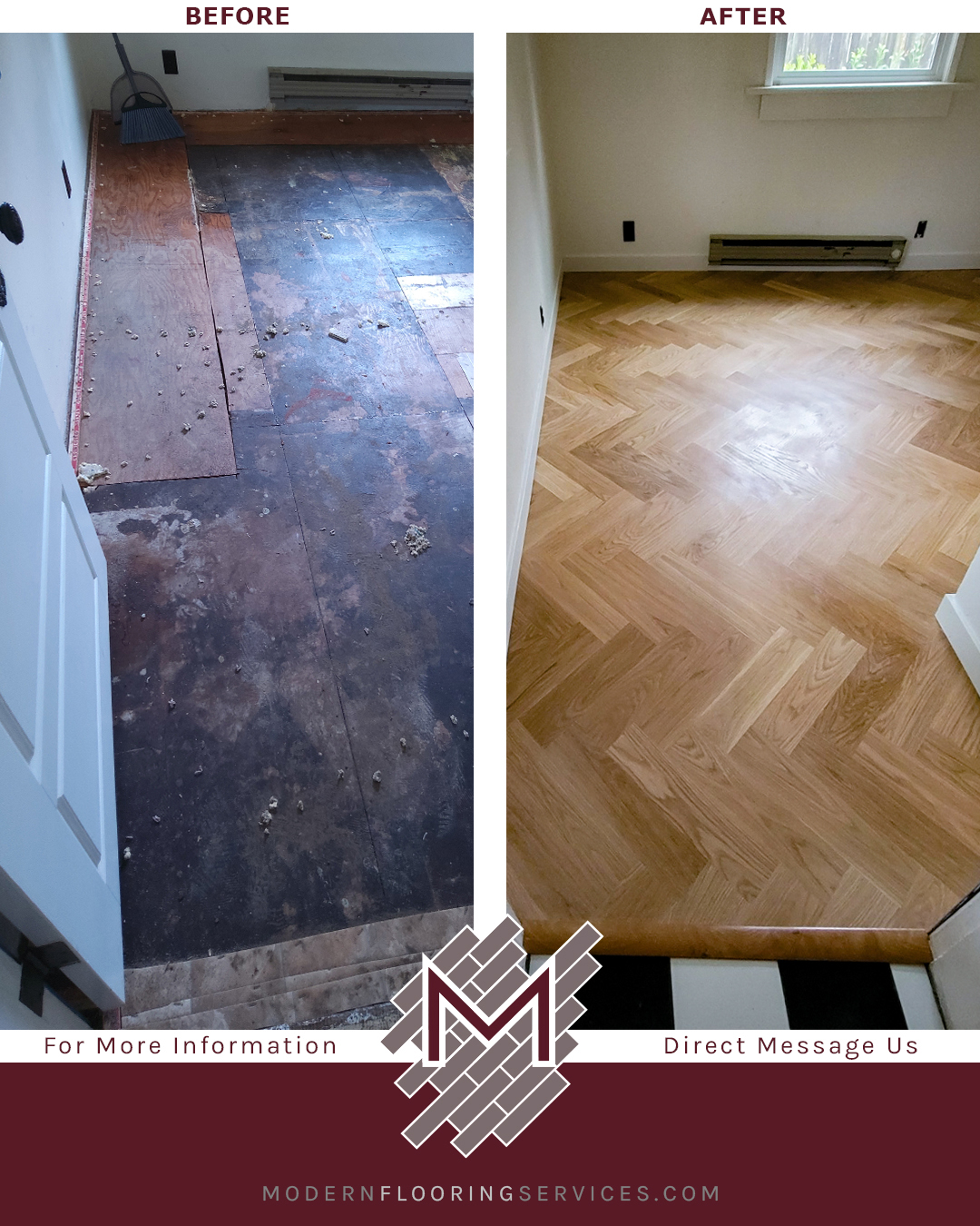 Before and After. Herringbone Hardwood and Checkered Tile Flooring Installation.