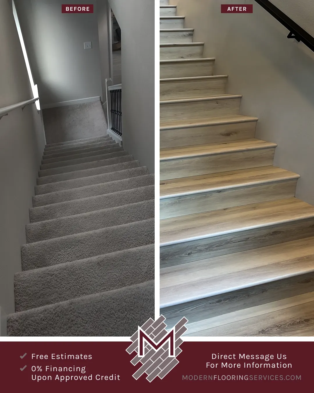 Before and After. Luxury Vinyl Fossil Tri-West Paradigm Performer Collection Flooring Installation By Modern Flooring Services.