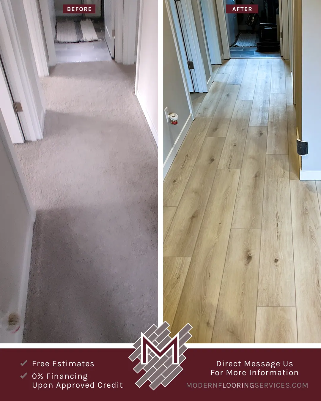 Before and After. Luxury Vinyl Fossil Tri-West Paradigm Performer Collection Flooring Installation By Modern Flooring Services.