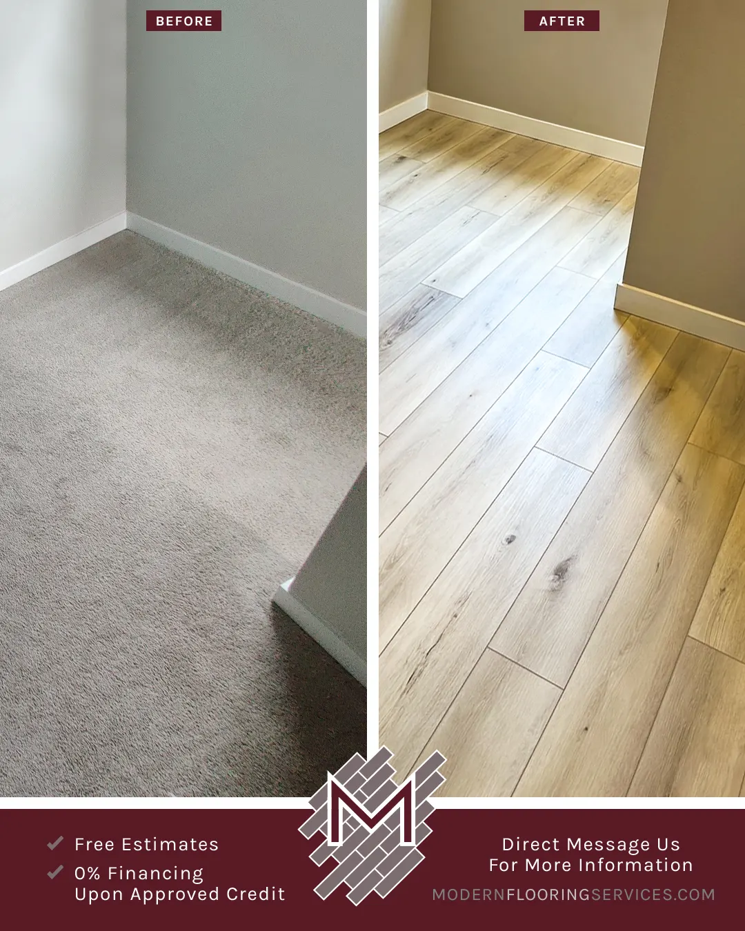 Before and After. Luxury Vinyl Fossil Tri-West Paradigm Performer Collection Flooring Installation By Modern Flooring Services.