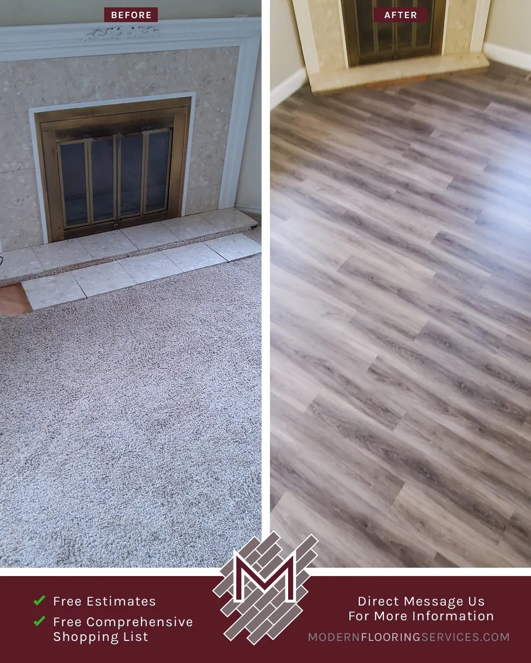 Before and After. Vinyl Flooring Installation By Modern Flooring Services.