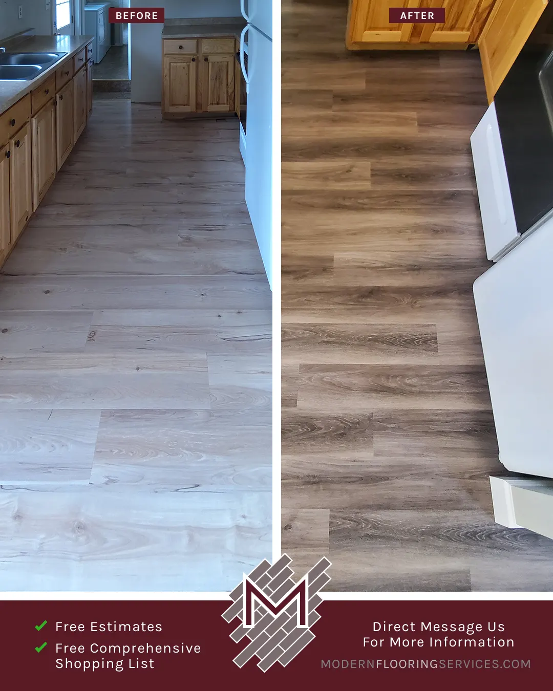 Before and After. Vinyl Flooring Installation By Modern Flooring Services.
