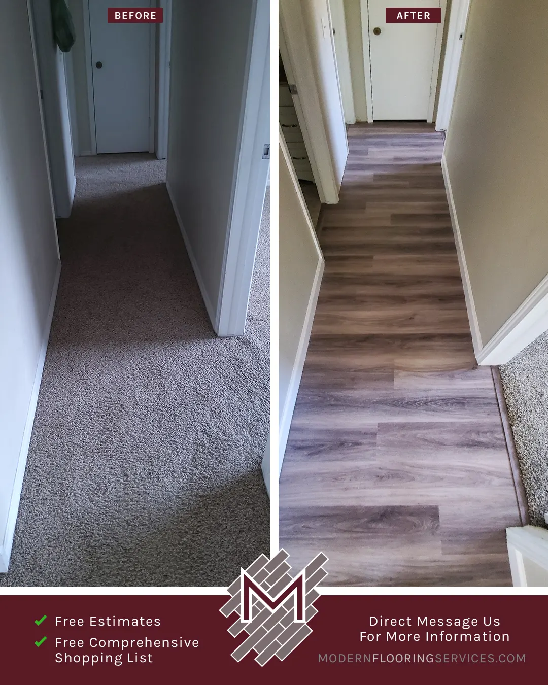 Before and After. Vinyl Flooring Installation By Modern Flooring Services.