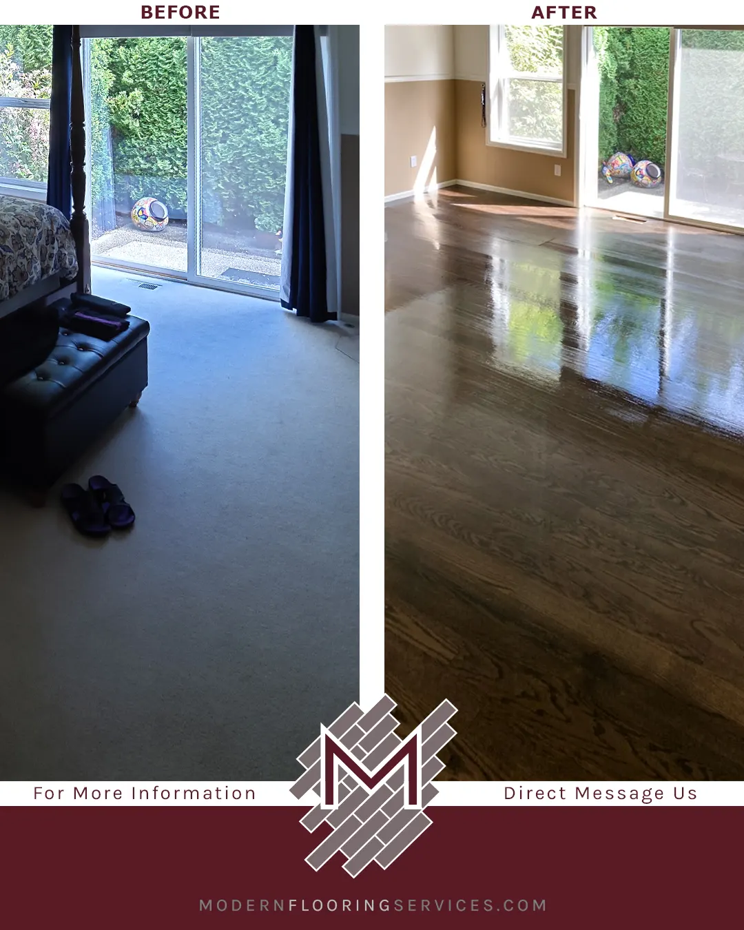Before and After. Master Bedroom Lacing In Hardwood Flooring
