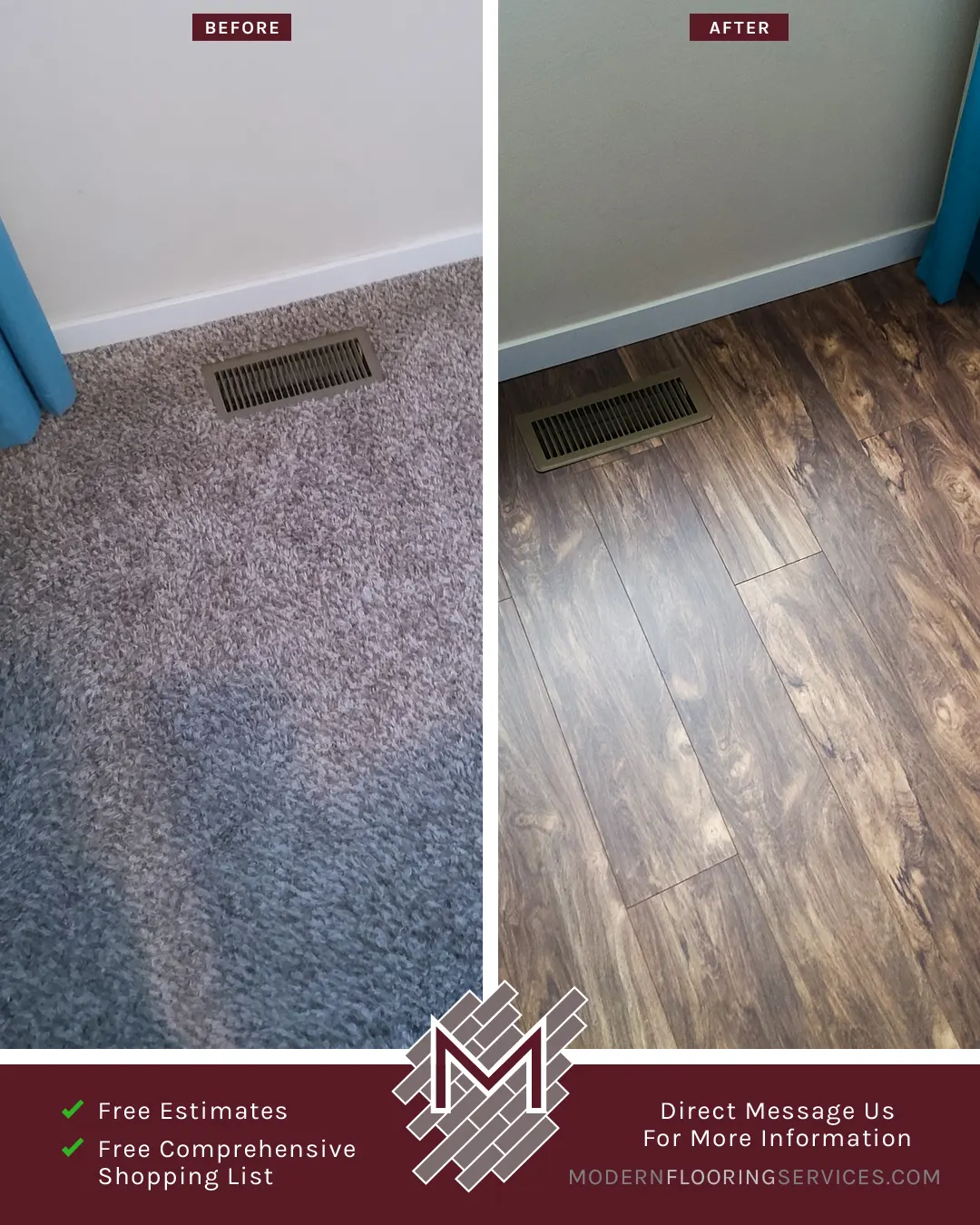 Before and After. Vinyl Flooring Installation By Modern Flooring Services.