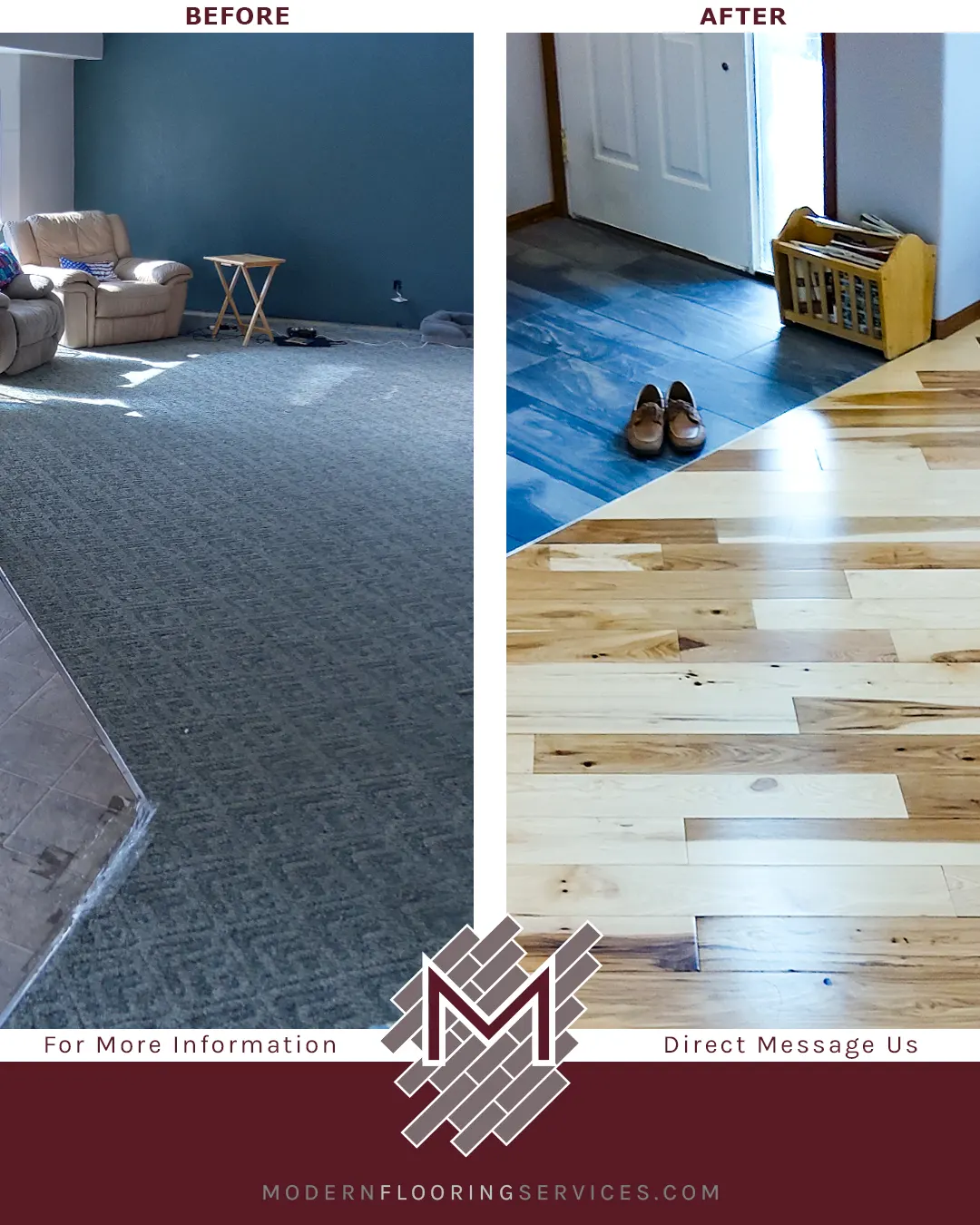 Before and After. American Hickory Hardwood Flooring Installation.