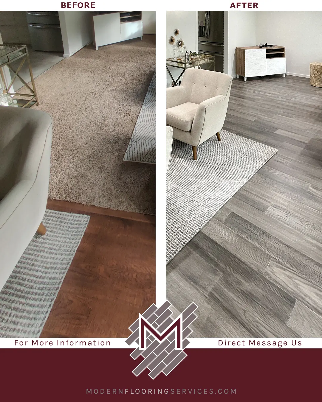 Before and After. Luxury Vinyl Plank Flooring Installation.