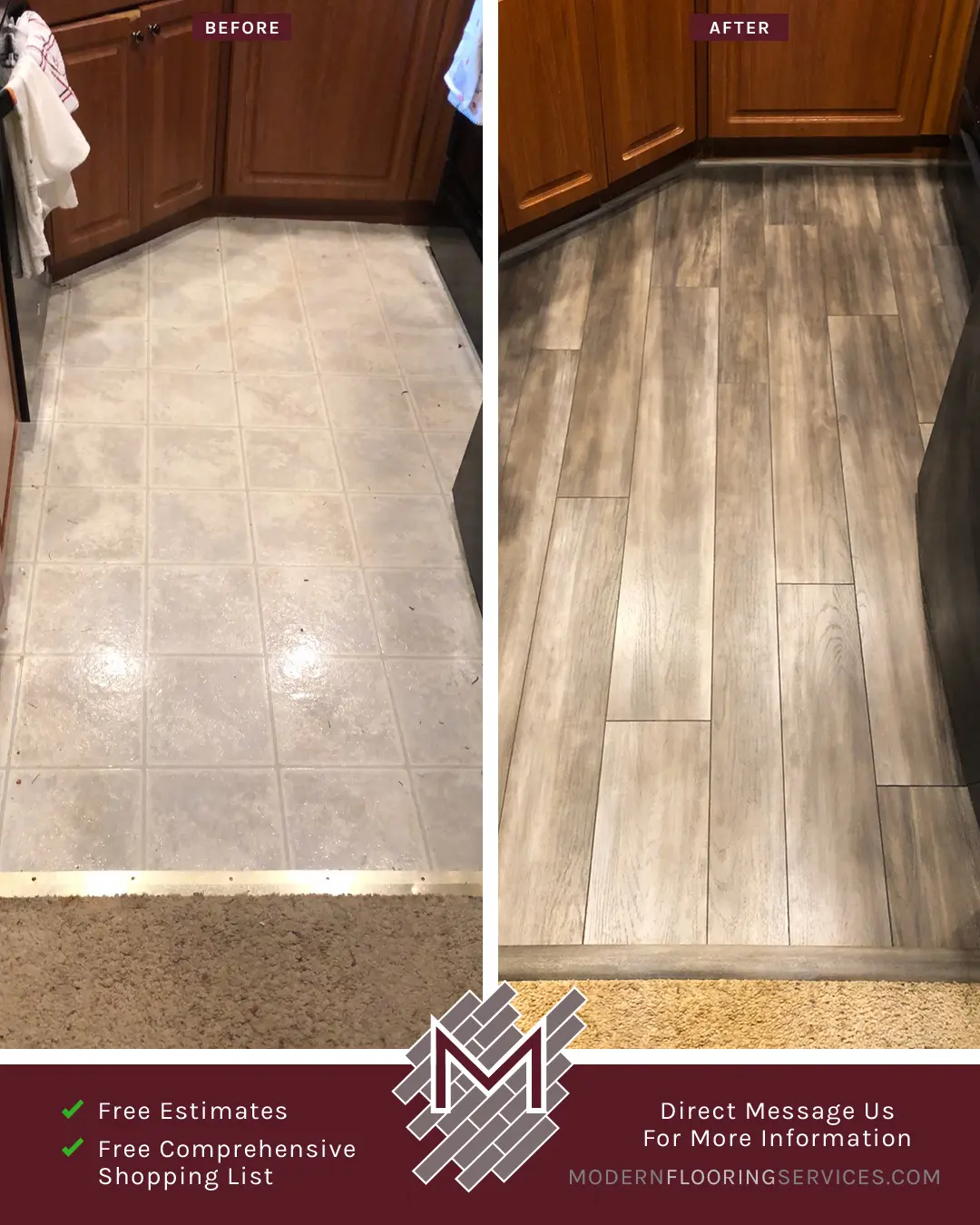 Before and After. Vinyl Flooring Installation By Modern Flooring Services.