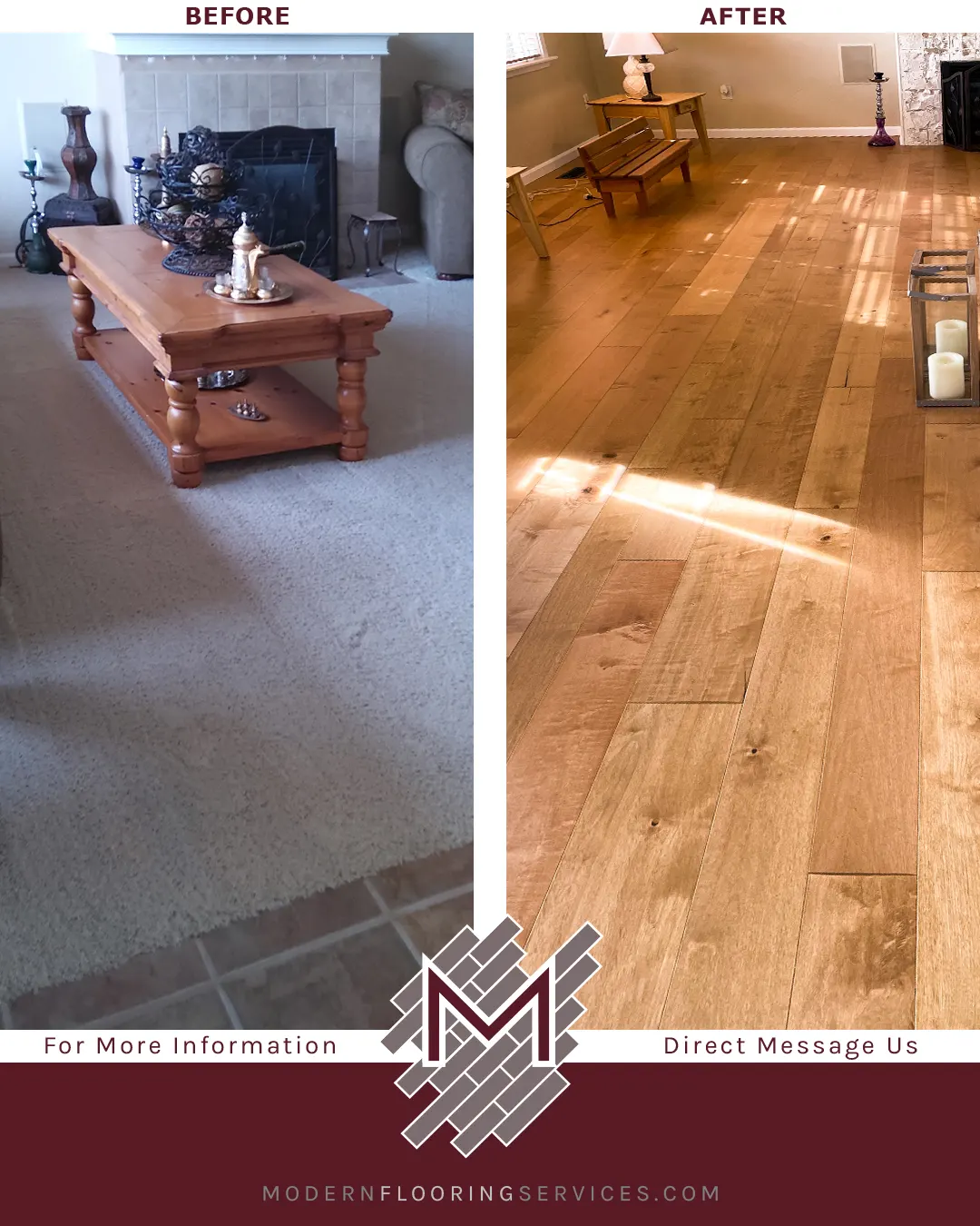 Before and After. Maple Natural Smooth Engineered Hardwood Flooring Installation.